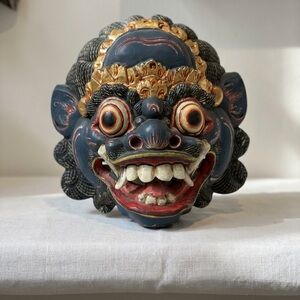Vintage Balinese Hand-Carved Wall Mask | Large Blue & Gold Statement Decor